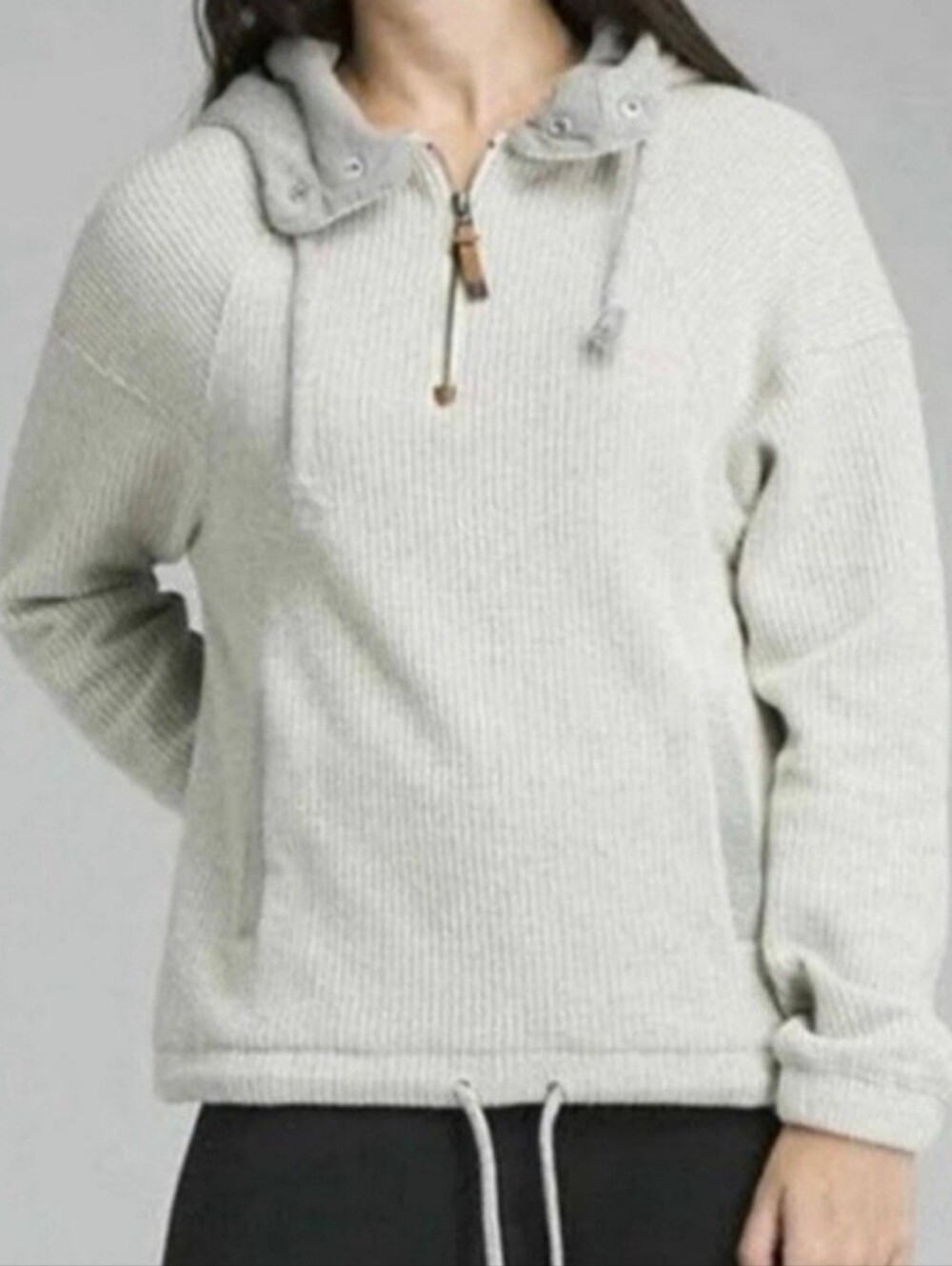 prAna Hartley Grey Wool Blend 3/4 Zip Hooded Sweater, Size Medium